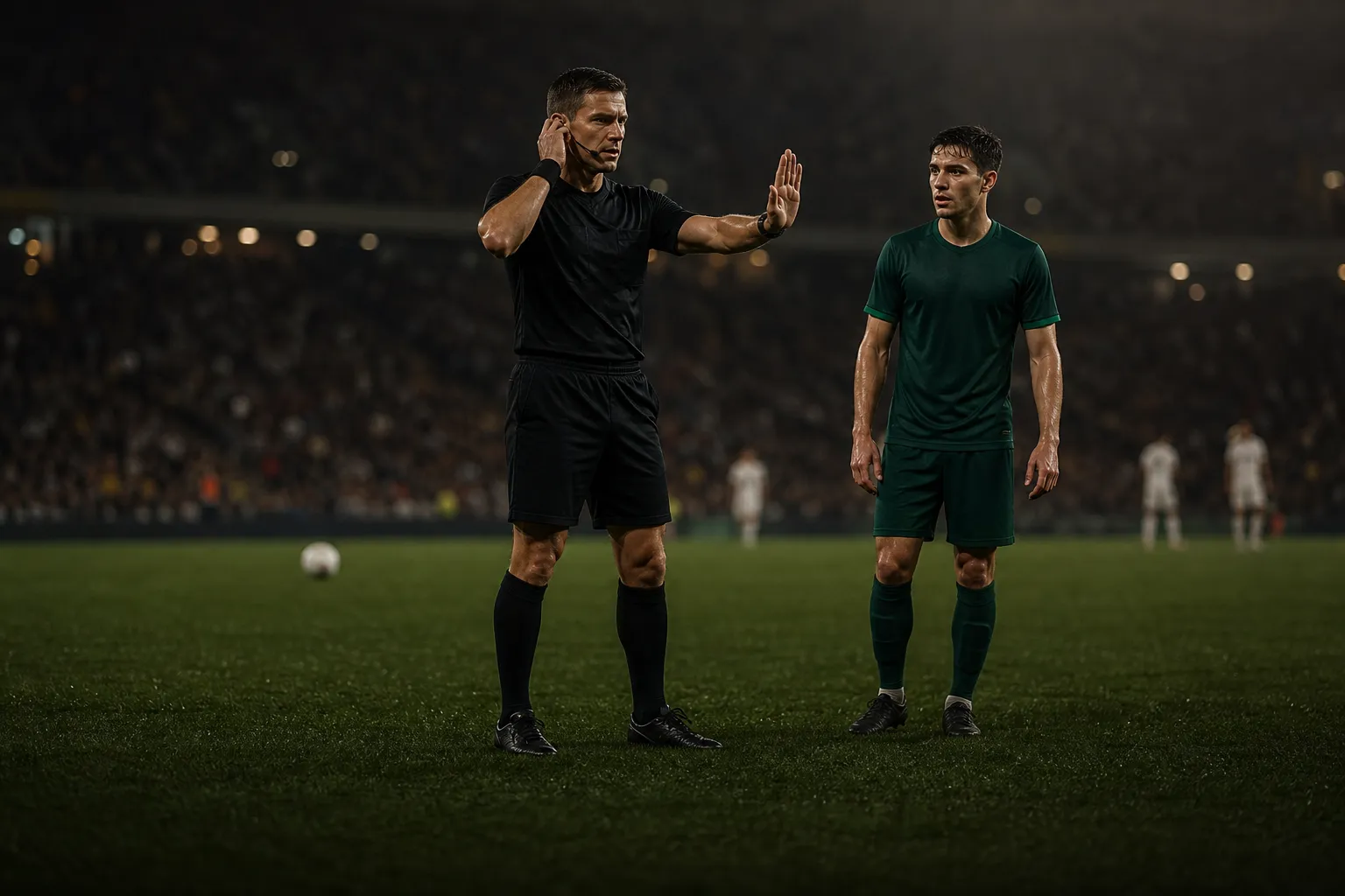 Ilustração editorial gerada por IA — Como funciona o VAR no futebol: regras, revisão e decisão do árbitro